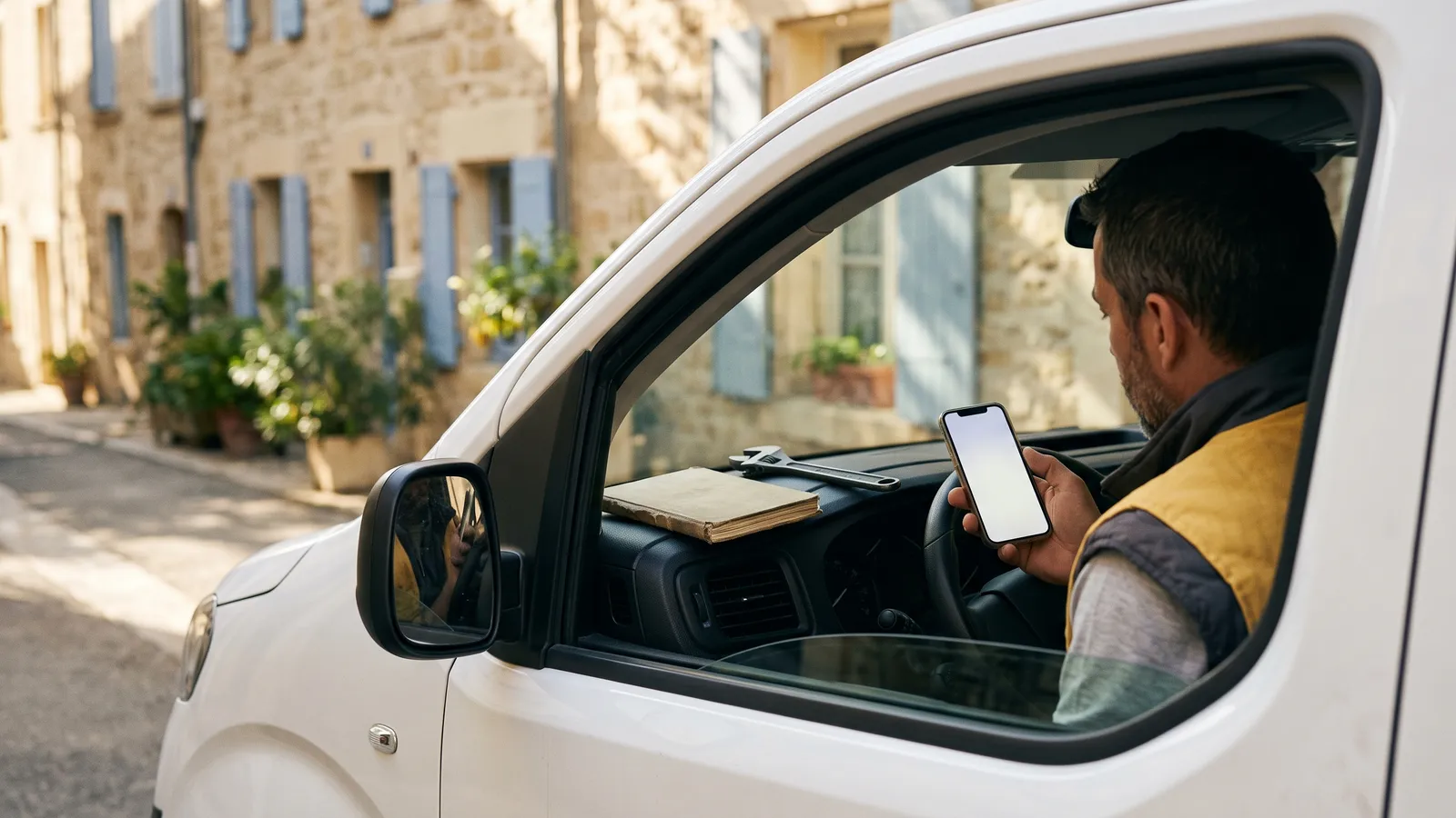 Un artisan en gilet jaune, au volant de sa camionnette garée dans une rue de village, consulte son téléphone ; un carnet et une clé à molette sont posés sur le tableau de bord.
