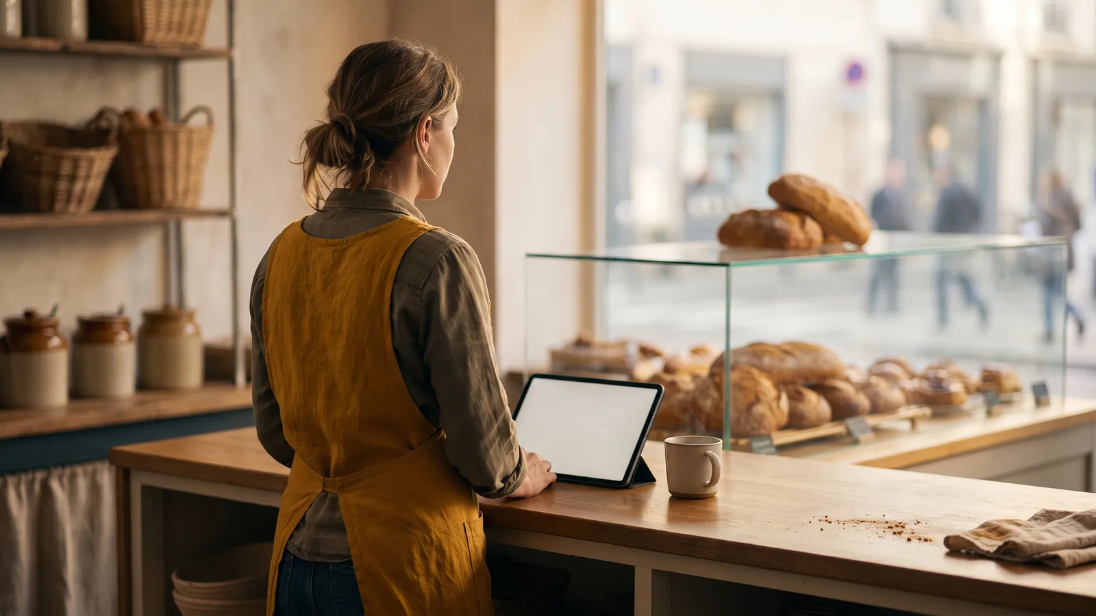 Une boulangère en tablier jaune, vue de dos derrière son comptoir, devant une tablette et une tasse de café, la vitrine de pains à côté d'elle.
